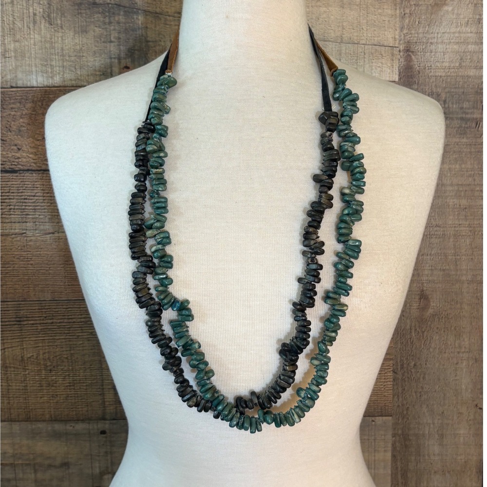 Handcrafted Double Strand Pebble Bead Necklace Teal Black Suede Cord